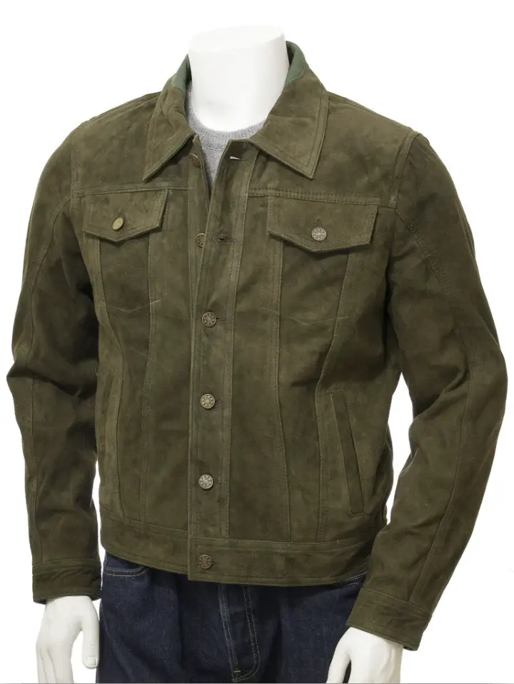 1742440454_original_resized.webp Men`s Olive Green Suede Trucker Jackets - Image 1