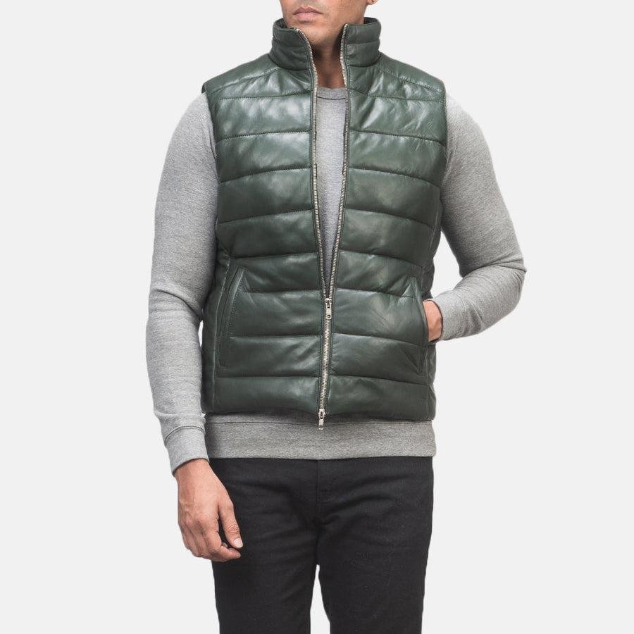 1742816811_original_resized.jpg Men's Green Leather Puffer Vest - Image 1