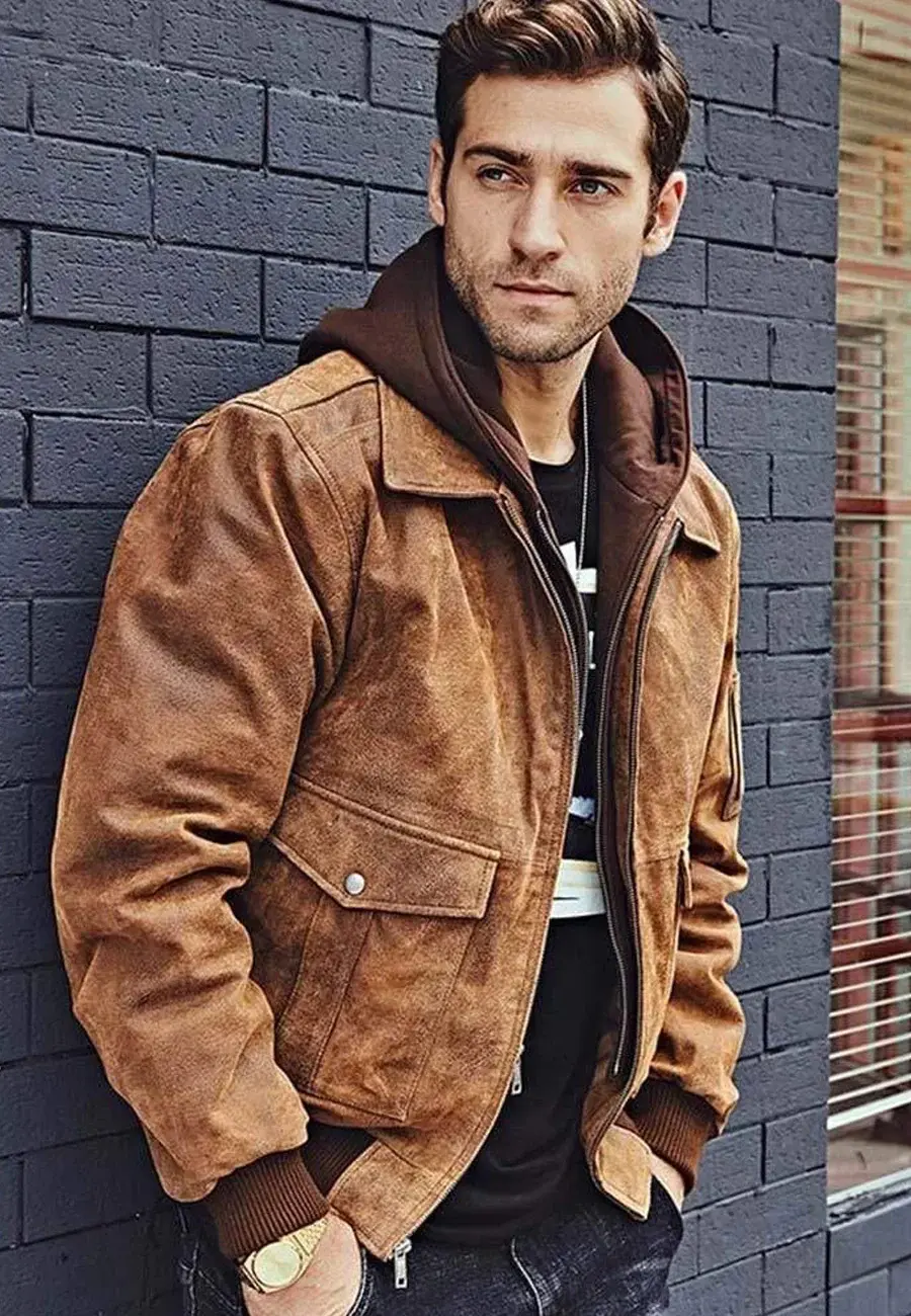 1743100338_original_resized.webp Men`s Brown Sheepskin Leather Hooded Bomber Jackets - Image 1